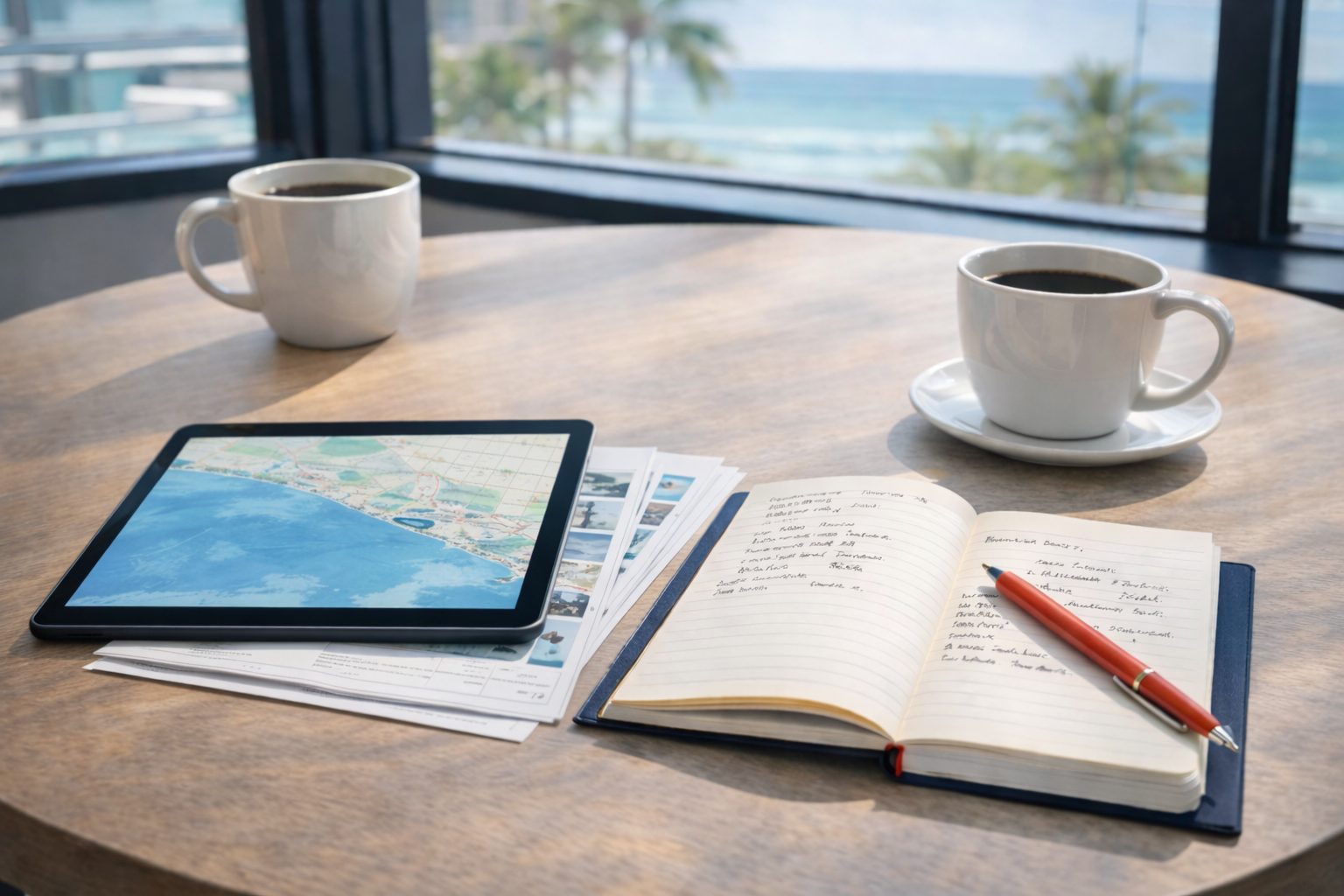 Emerald Coast investment property strategy with tablet and listing printouts