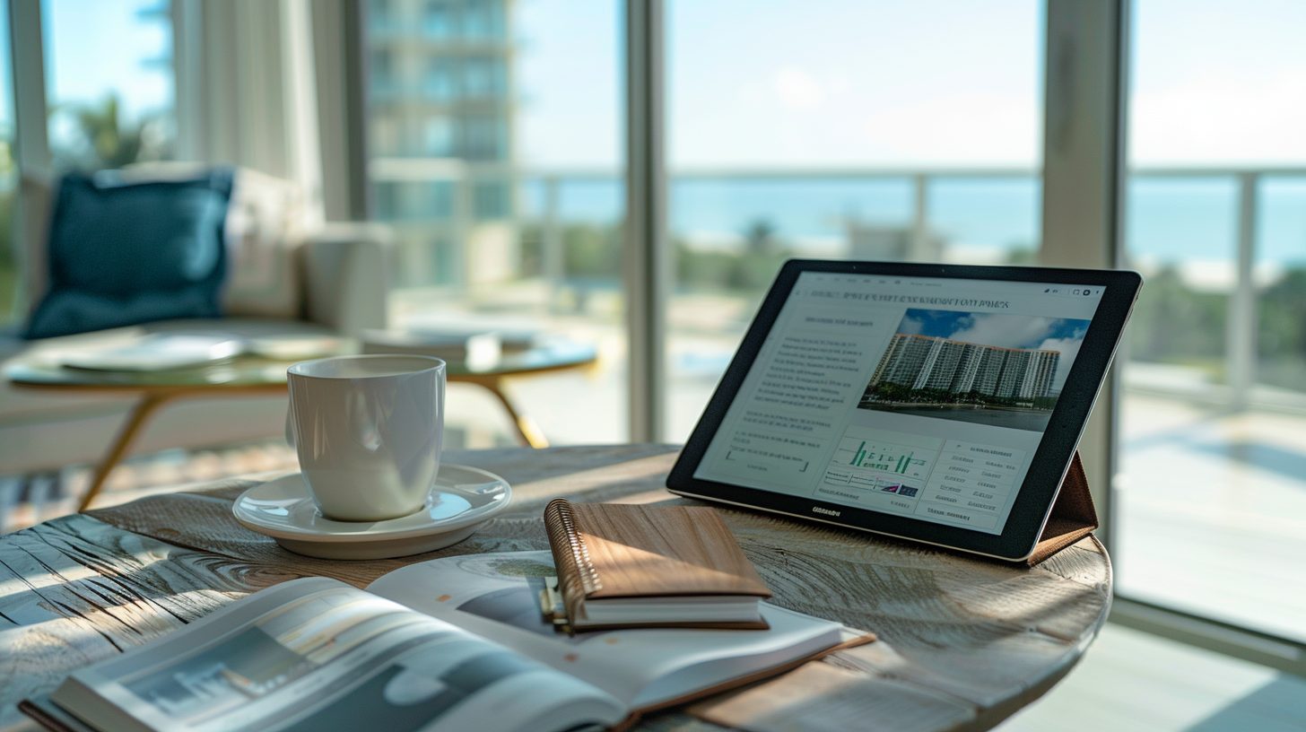 Emerald Coast condo HOA documents and insurance review on tablet near coastal windows