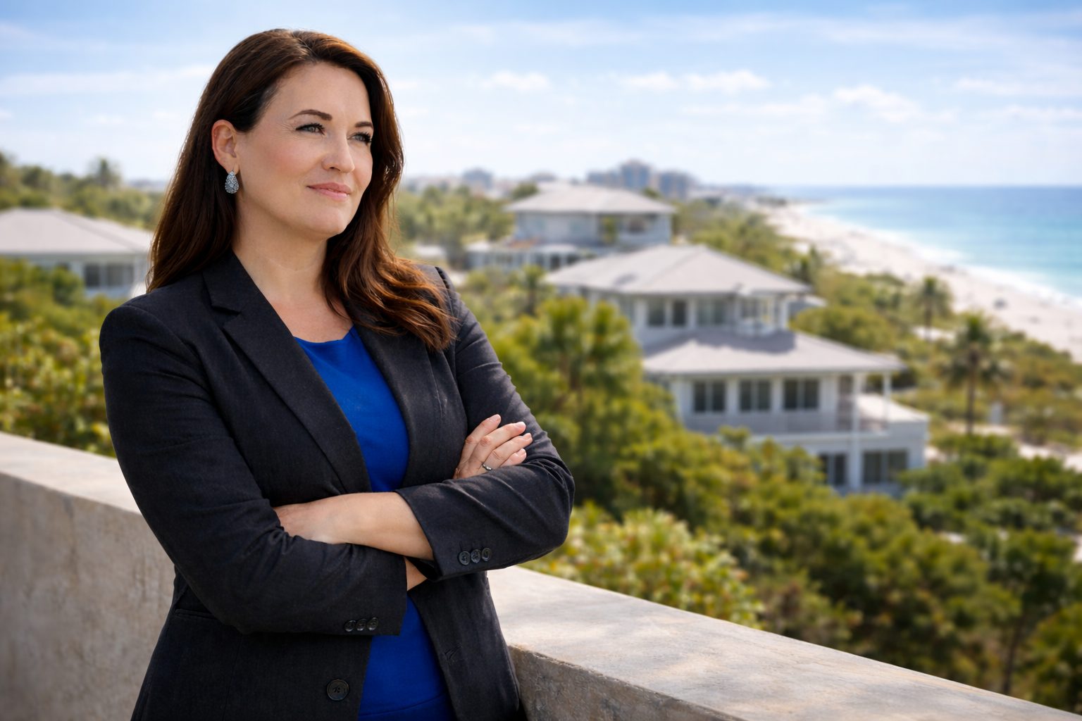 Taylor Labno Emerald Coast real estate professional standing confidently near coastal homes