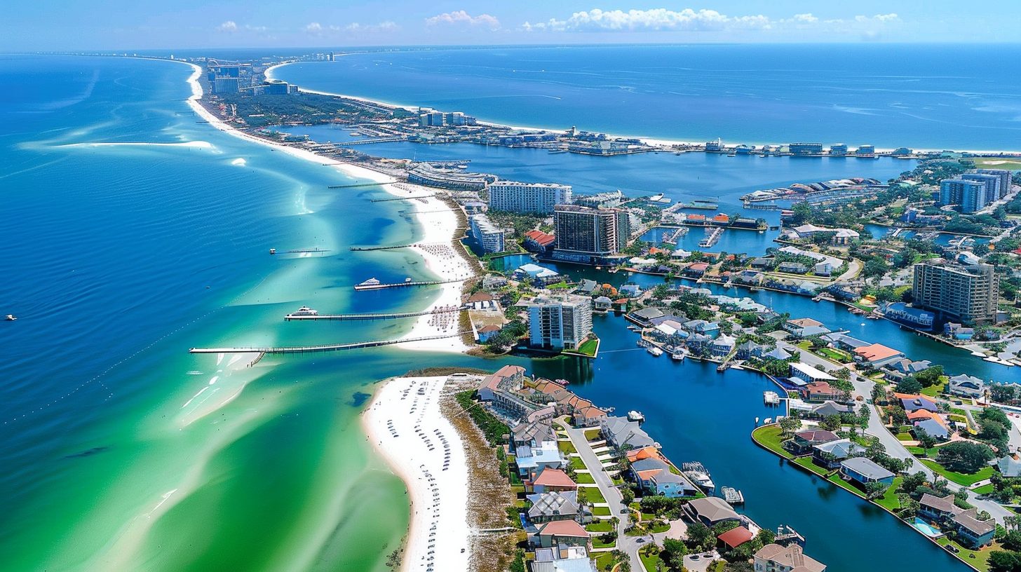 Aerial view of the Emerald Coast showing beach, bay, and coastal communities in Northwest Florida