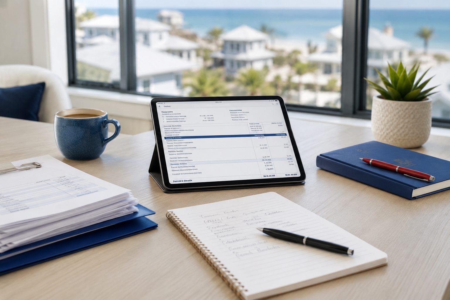 Closing costs on the Emerald Coast shown with tablet and organized real estate documents