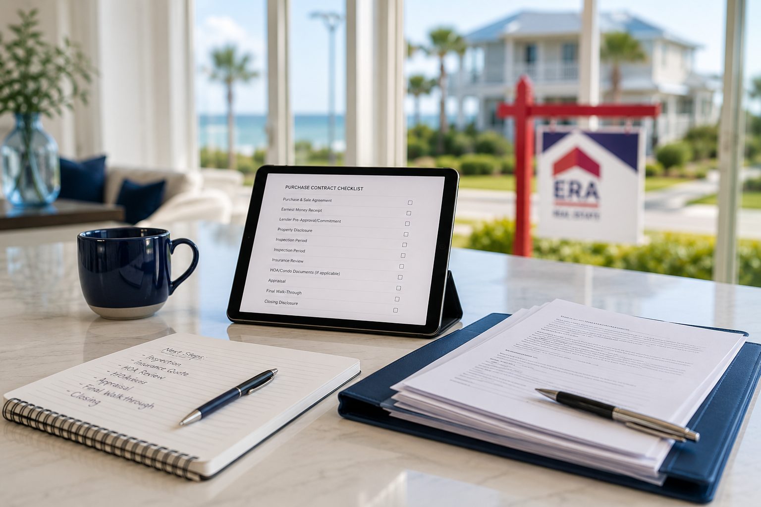Under contract real estate process on the Emerald Coast with tablet and documents