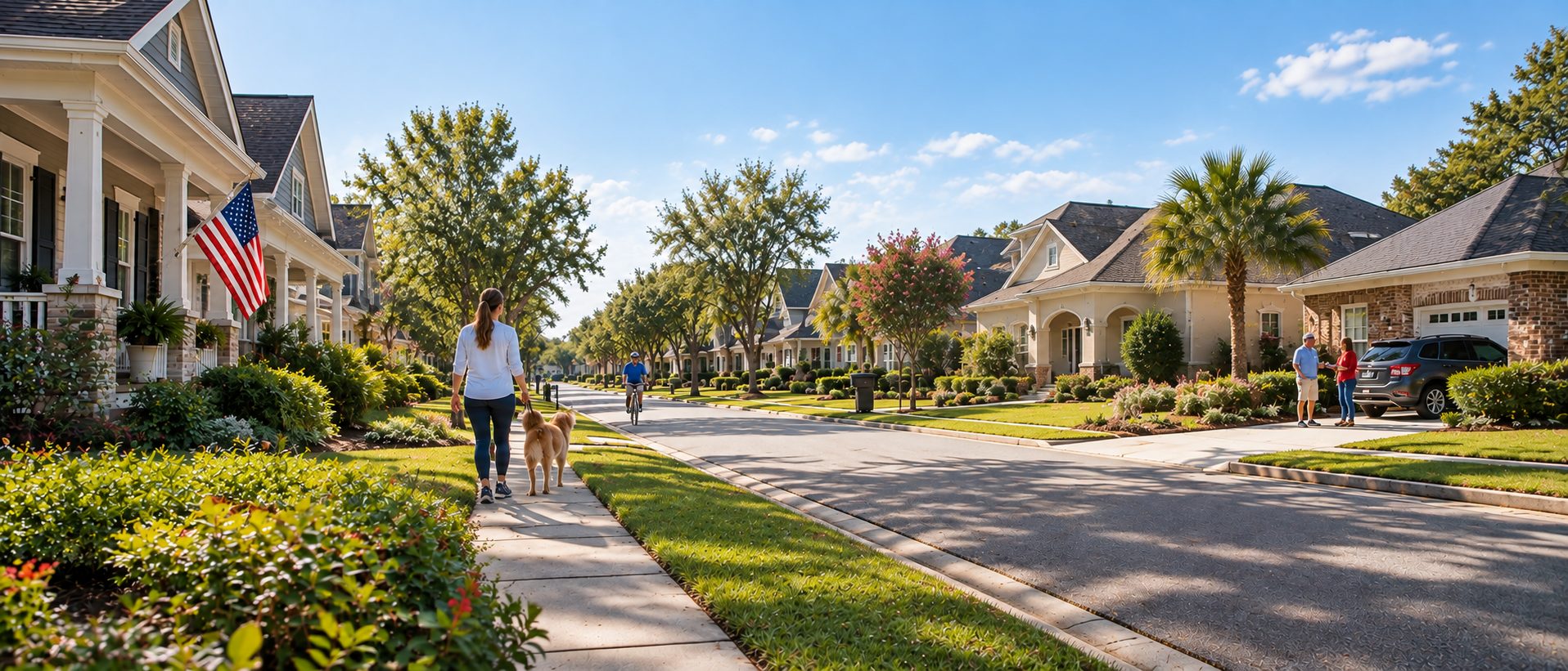 Everyday life in a Northwest Florida neighborhood with varied homes and community activity